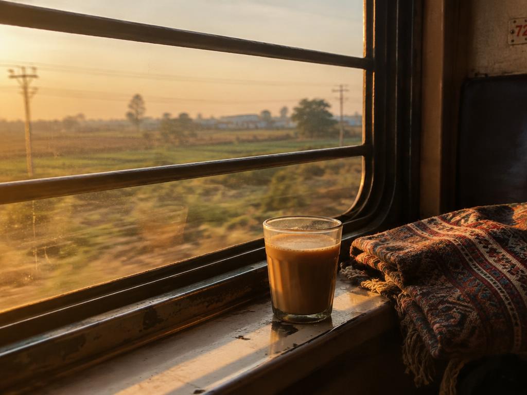 A glass of chai on the ledge of a moving train window at golden hour